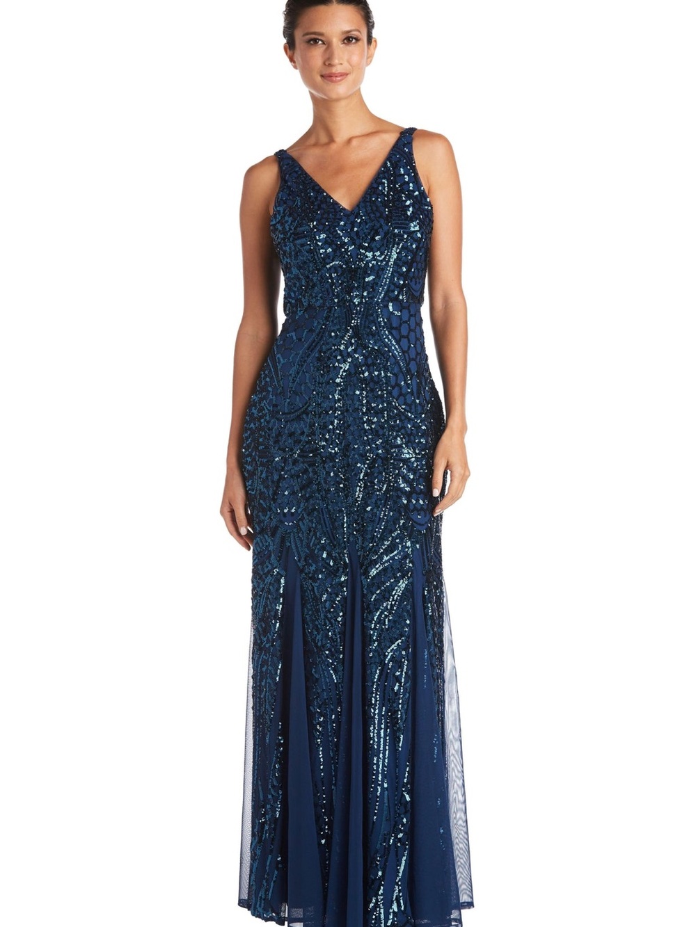 Night Way Collections Navy Beaded V‑Neck Maxi Gown Women’s Guest‎ Formal L